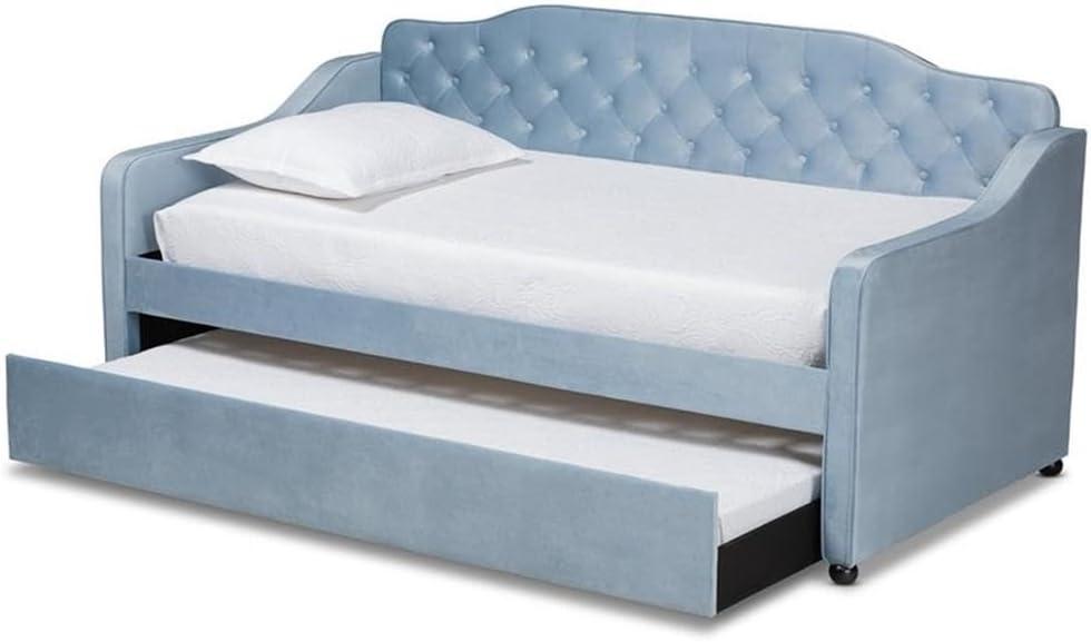 Twin Freda Velvet Tufted Daybed with Trundle Light Blue - Baxton Studio: Upholstered, Mid-Century Modern, No Box Spring Required