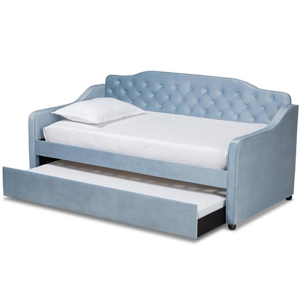 Twin Freda Velvet Tufted Daybed with Trundle Light Blue - Baxton Studio: Upholstered, Mid-Century Modern, No Box Spring Required