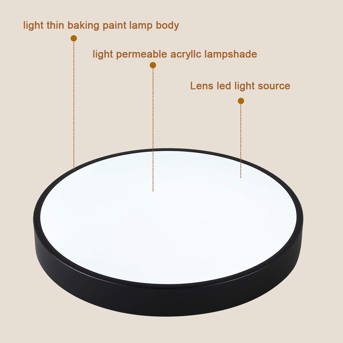 Ganeed 24W LED Flush Mount Ceiling Light, 12-Inch Modern Round Lamp, Hallway Light Fixture for Dining Room, Kitchen, Living Room, Bedroom, Office - Black