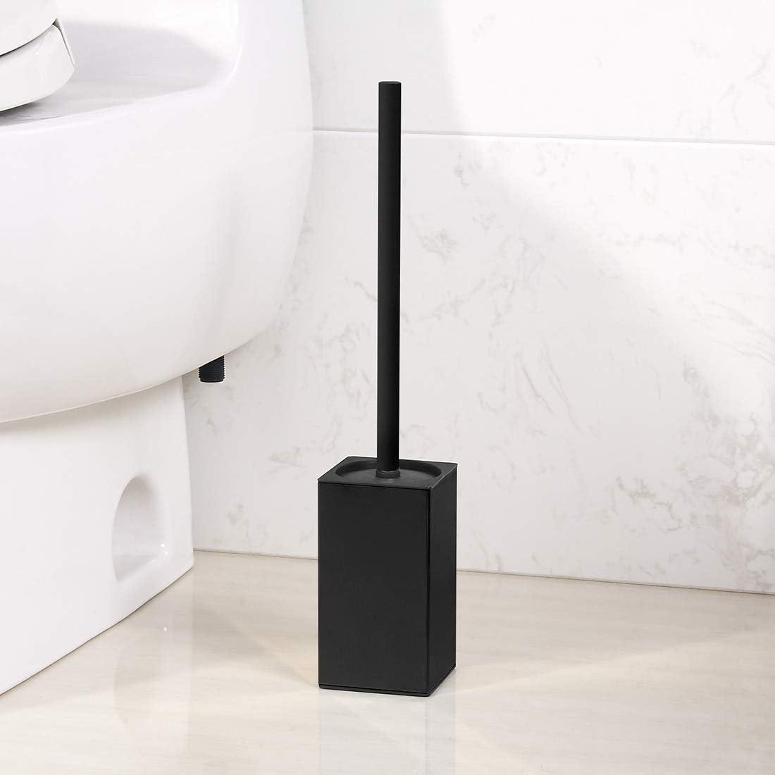 Stainless Steel Toilet Brush & Holder,Wall-Mounted, long handle,Square Toilet Brush Set,Heavy Duty Cleaner for Bathroom, with Removable Plastic Brush (Black)