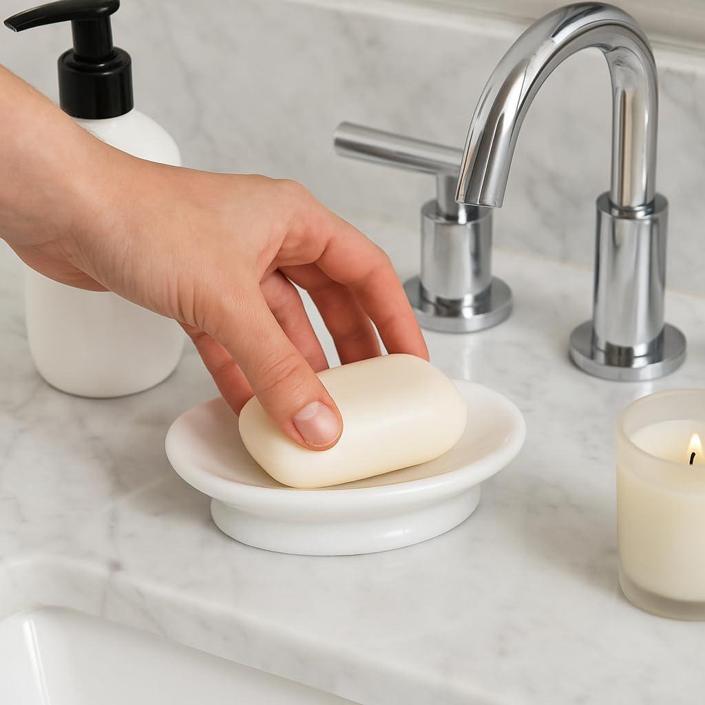 Creative Home Genuine Natural Marble Round Bar Soap Dish Soap Tray Holder Countertop Organizer, 5" Diam. x 1.5" H, Off-White