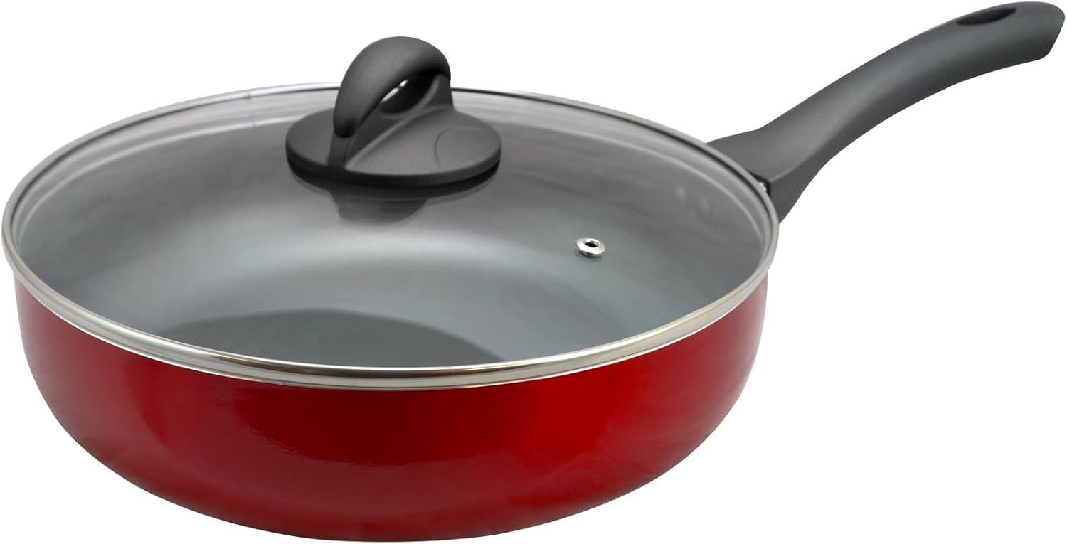 Oster Herscher 3.5 Qt Non-Stick Aluminum Saute Pan with Lid, Tanslucent Sauce, Translucent Red