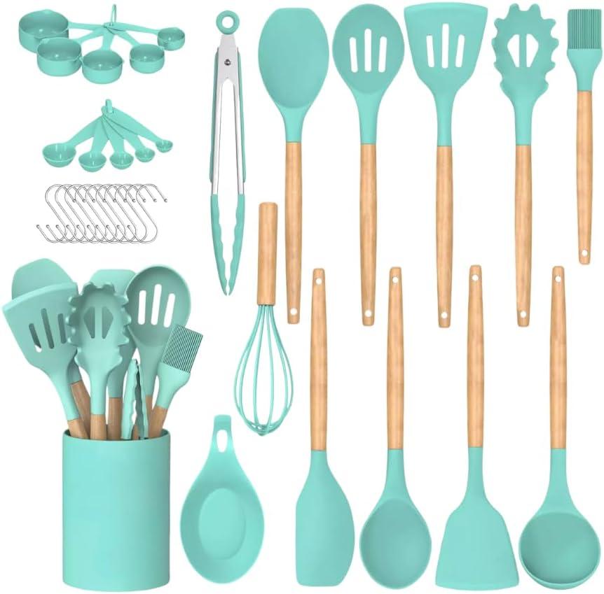 33 Pcs Silicone Kitchen Utensils Set, Khaki Kitchen Cooking Utensils Set with Natural Hard Wood Handle, Silicone Utensils Set with Holder, Heat Resistant, BPA Free, Non Toxic