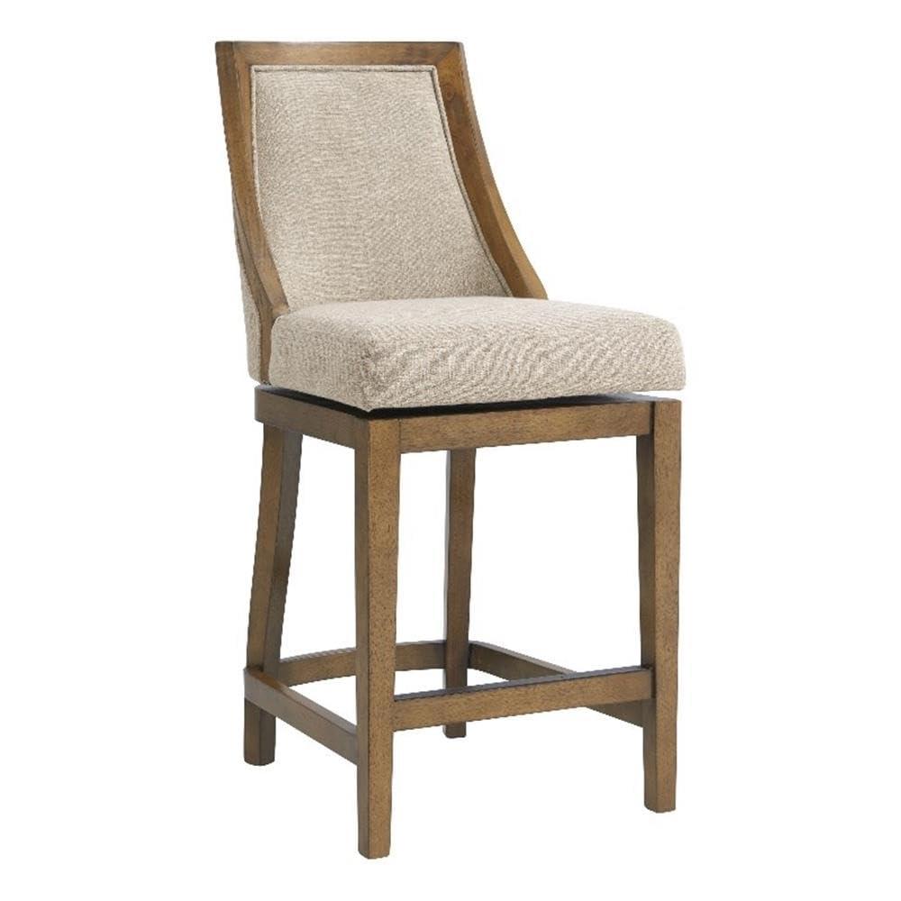 Alaterre Ellie Bar Height Stool, Back, Swivel Seat, Brown, Upholstered Padded Seat, Rubberwood Frame, Steel Memory Return Mechanism, Dimensions 19 in. W x 22 in. D x 46 in. H, Footrest, Metal Kick Plate