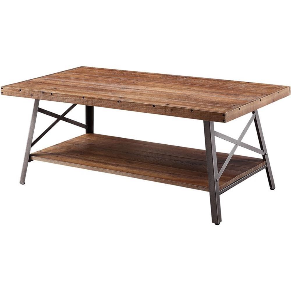 Wooden Coffee Table with X Crossed Metal Sides and Open Shelf Brown and Black - Saltoro Sherpi