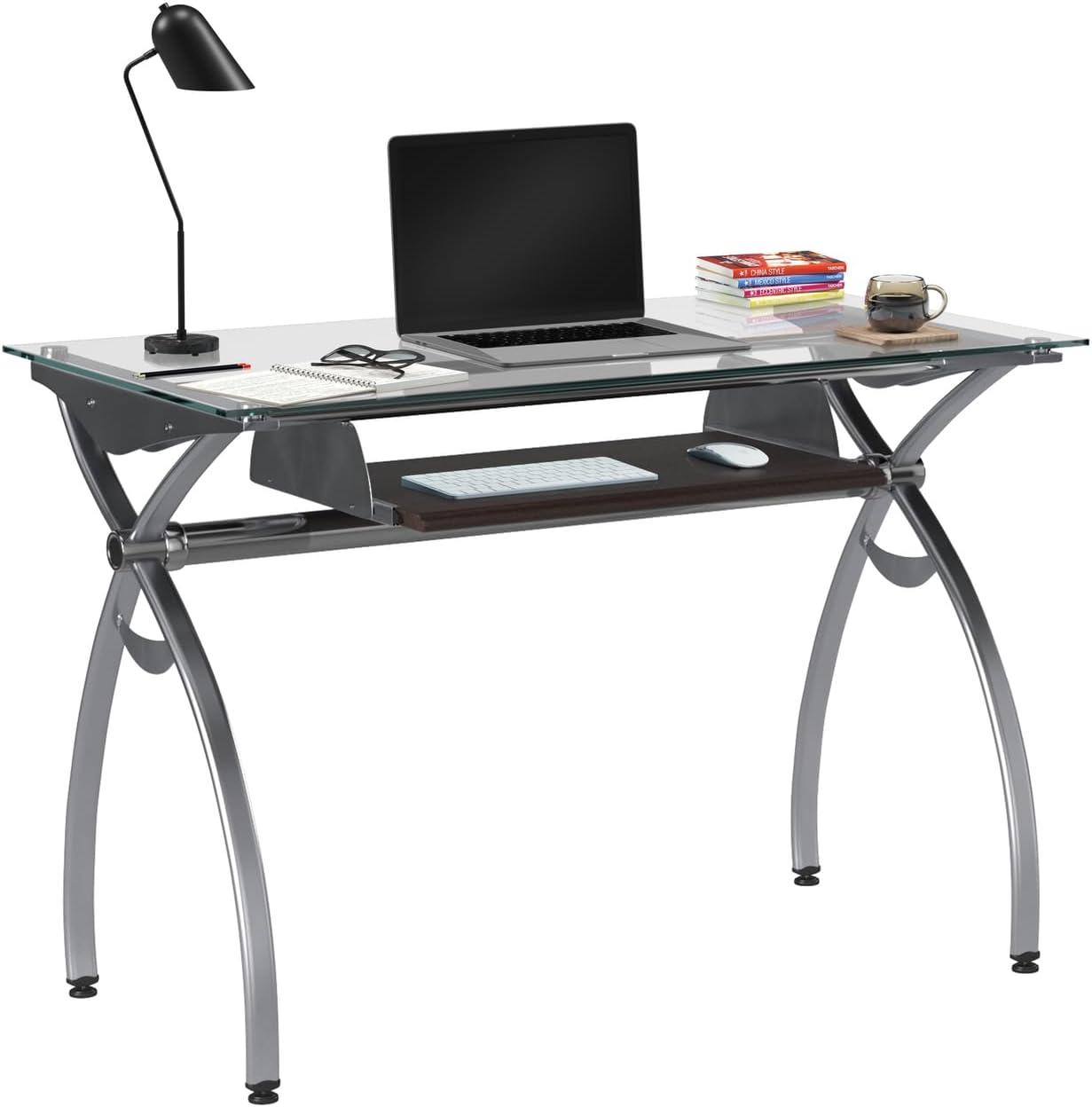 Contempo Clear Glass 43'' Office Desk with Aluminum Legs and Keyboard Tray