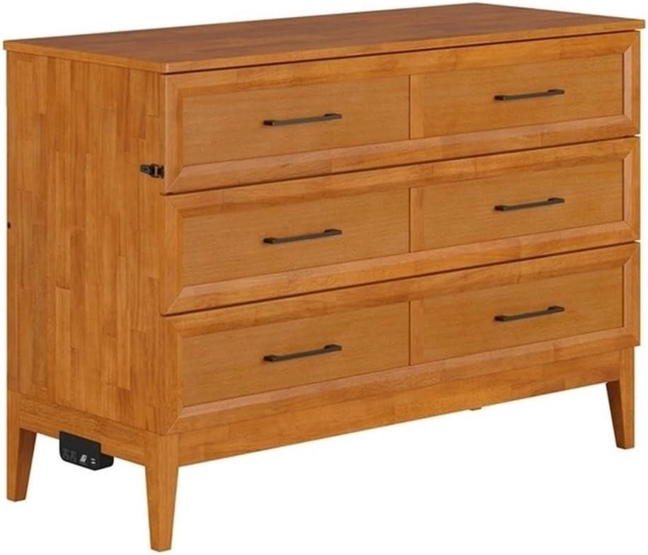 AFI Santa Fe Full Wood Murphy Bed Chest with Mattress and Built-in Charger, Light Toffee