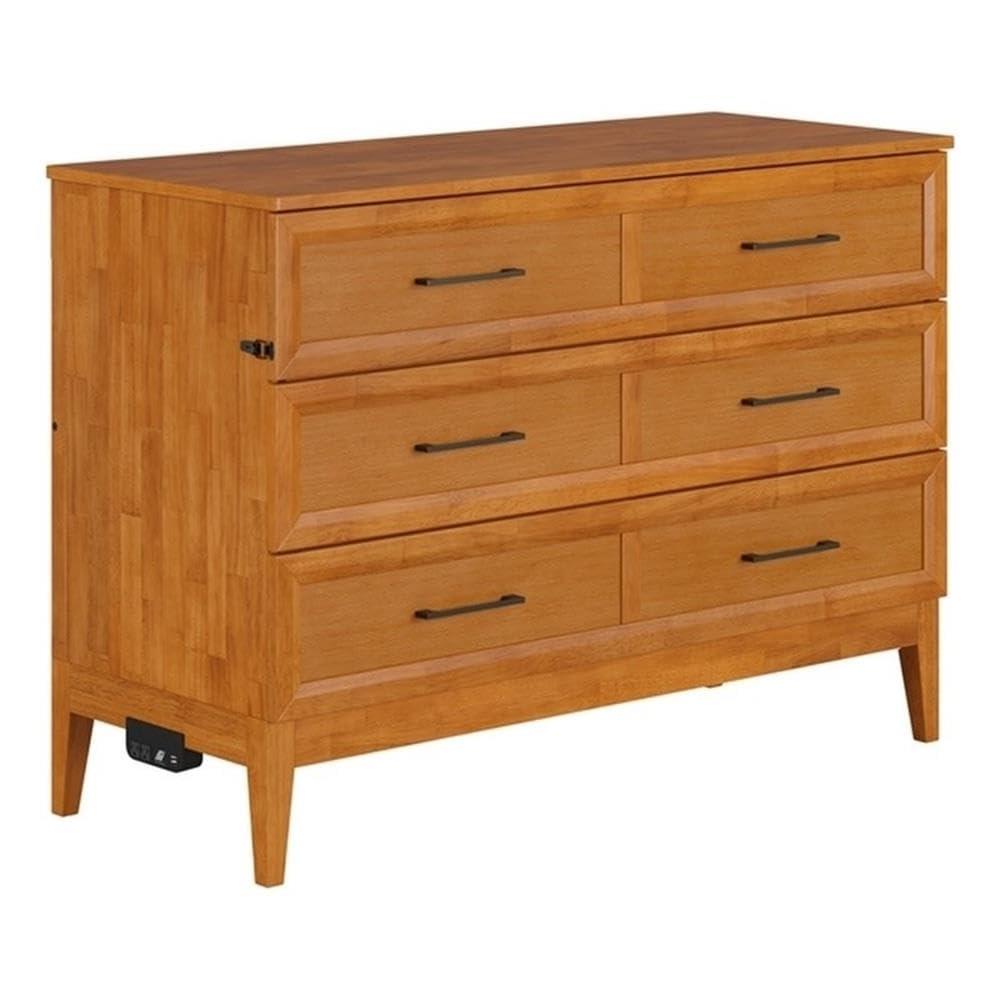 AFI Santa Fe Full Wood Murphy Bed Chest with Mattress and Built-in Charger, Light Toffee