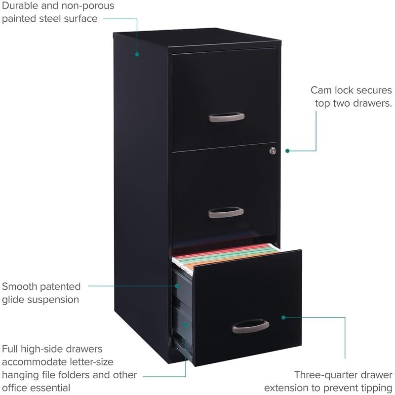 Sleek Black Metal 3-Drawer Lockable File Cabinet for Home Office