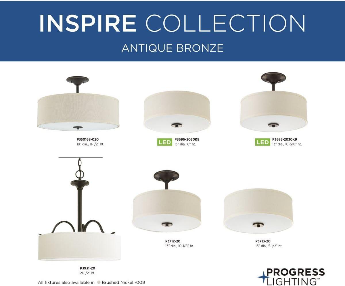 Progress Lighting, Inspire Collection, 3-Light Semi-Flush Mount, Antique Bronze, Off-White Linen Shade