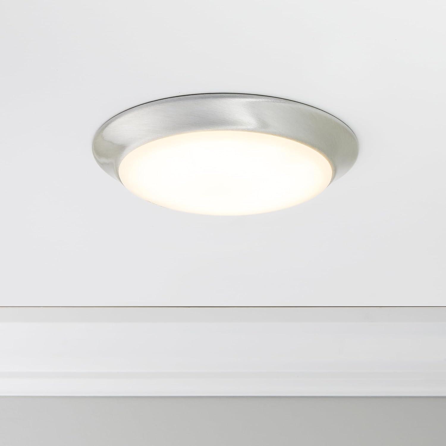 Maxxima 7 in. Satin Nickel Slim Round LED Flush Mount Ceiling Light Fixture, LED Disk Light 900 Lumens, Warm White 3000K Dimmable Dome Closet Light, Suitable for Pantry, Mudroom, Foyer and Hallway