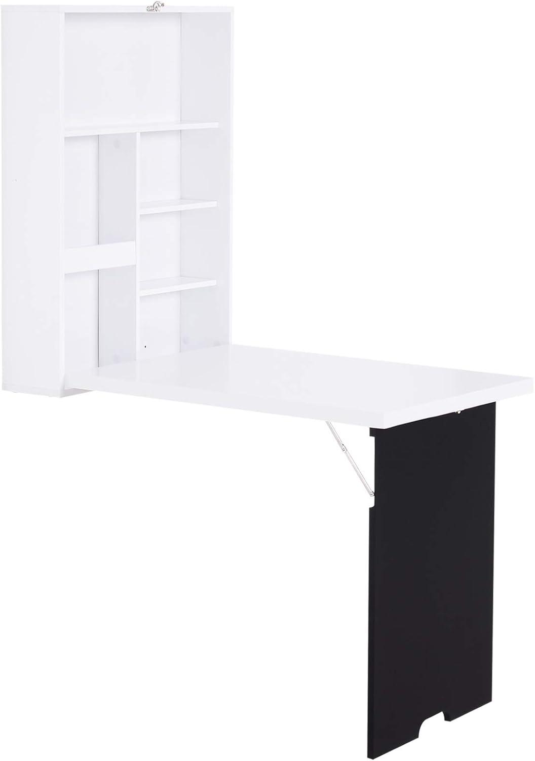 HOMCOM Wall Mounted Foldable Desk with a Blackboard, Fold Out Convertible Floating Desk with Shelves, White