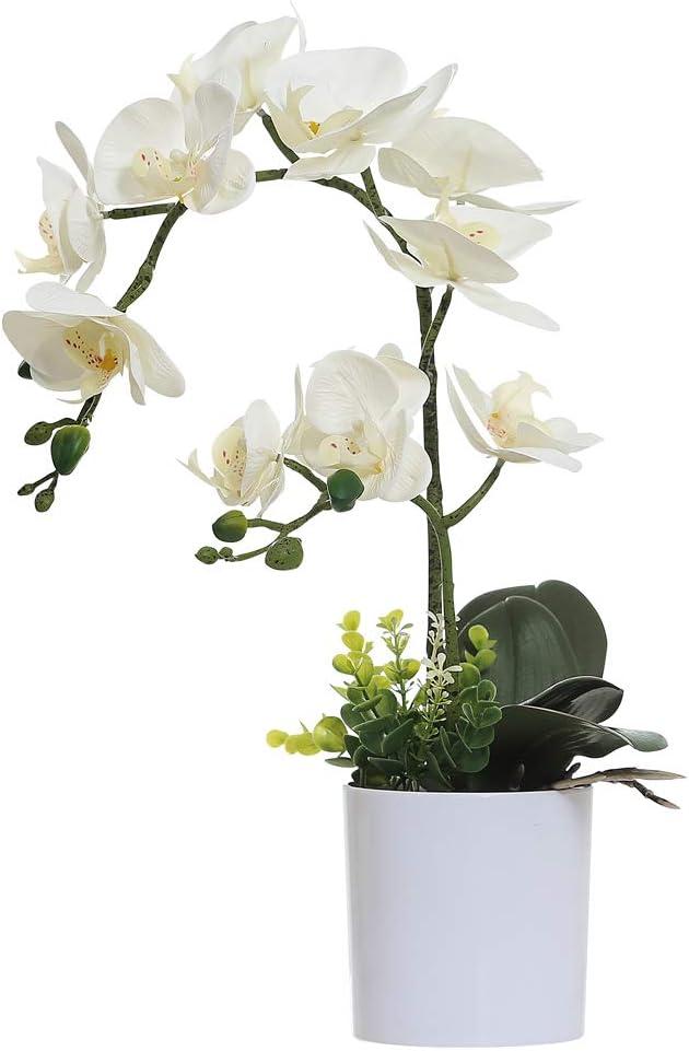 Omygarden White Orchid Artificial Flowers in Pot, Fake Plastic Orchid Flowers, Decoration for Home Office Wedding(White 2 Bouquets)