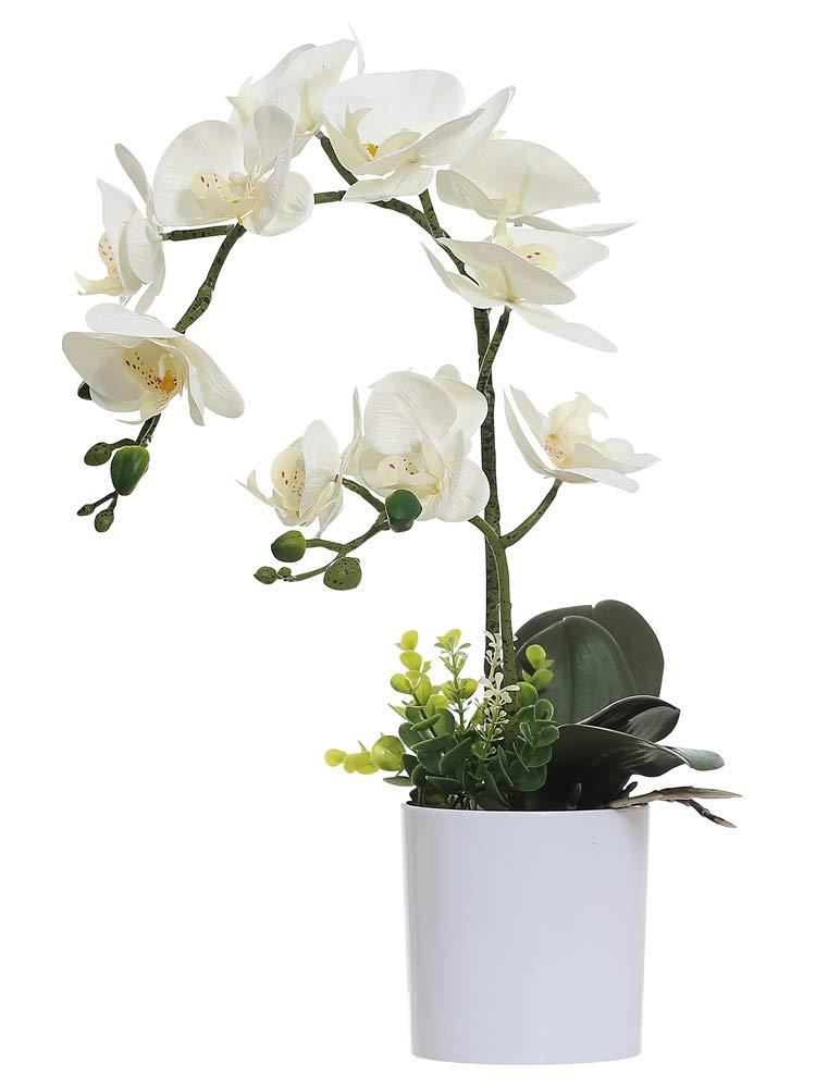 Omygarden White Orchid Artificial Flowers in Pot, Fake Plastic Orchid Flowers, Decoration for Home Office Wedding(White 2 Bouquets)
