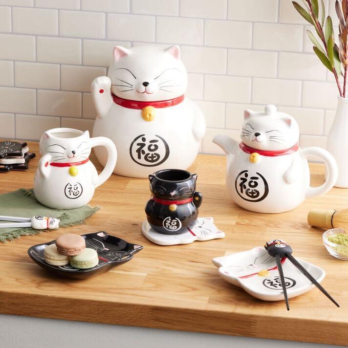 White Ceramic Lucky Cat Mug with Red Collar and Golden Bell