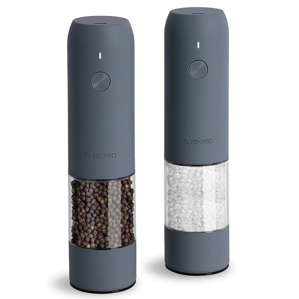 Electric Salt and Pepper Grinder Set with USB Rechargeable, Automatic One Hand Operation with Adjustable Coarseness, Pepper Mill Grinder Refillable with LED Light (2 Packs, Blue-Grey)