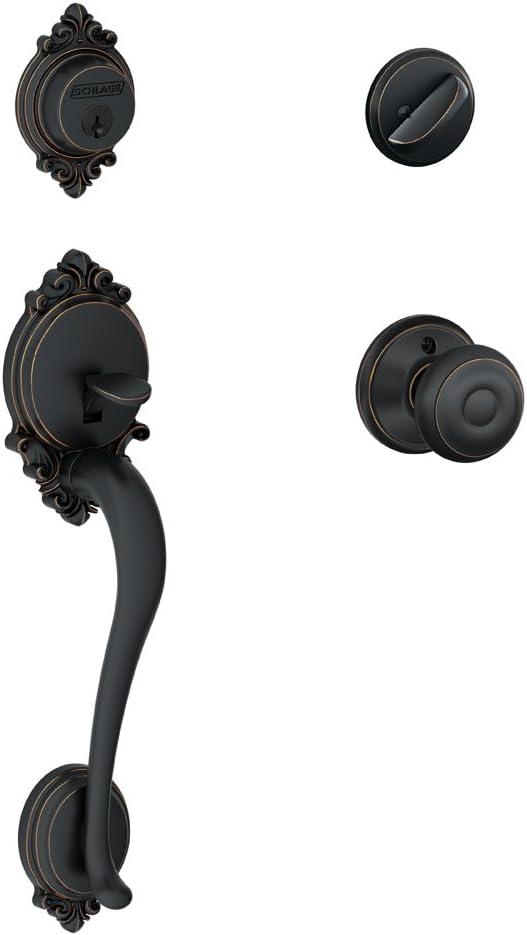 SCHLAGE Brookshire Single Cylinder Handleset and Georgian Knob, Aged Bronze (F60 BRK 716 GEO)