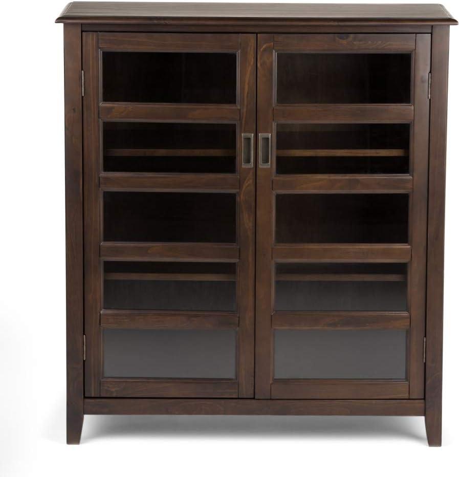 Simpli Home Burlington 40"W Solid Wood 4-Shelf Medium Storage Cabinet with Tempered Glass Doors and Adjustable Shelves