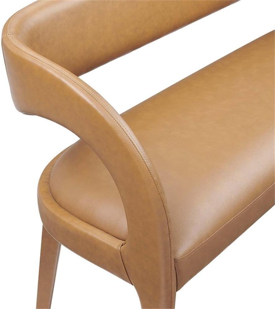 Tan Vegan Leather Curved Backrest Accent Bench