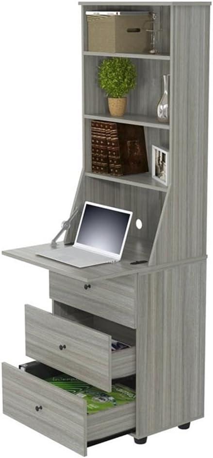 Computer Credenza Workcenter Gray - Inval: Smoke Oak Laminate, Glass Doors, Cable Management