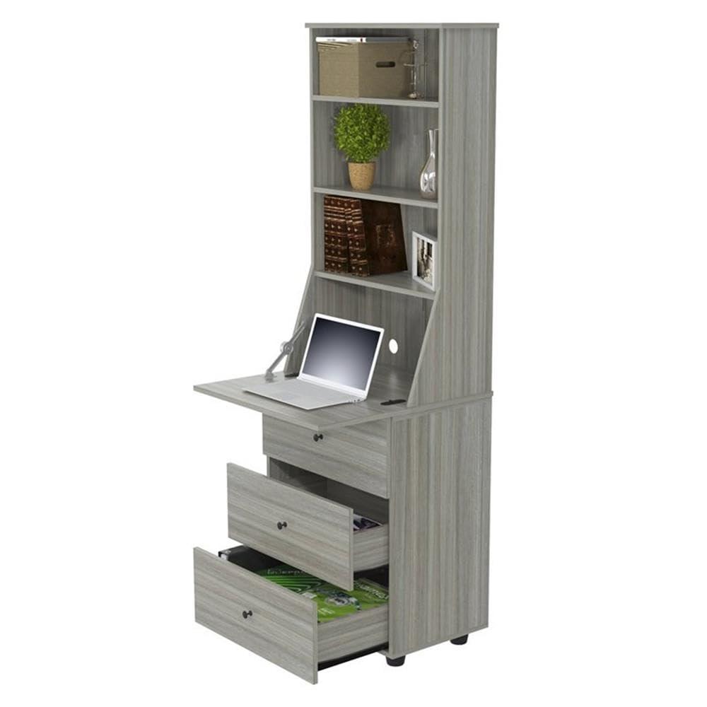 Computer Credenza Workcenter Gray - Inval: Smoke Oak Laminate, Glass Doors, Cable Management