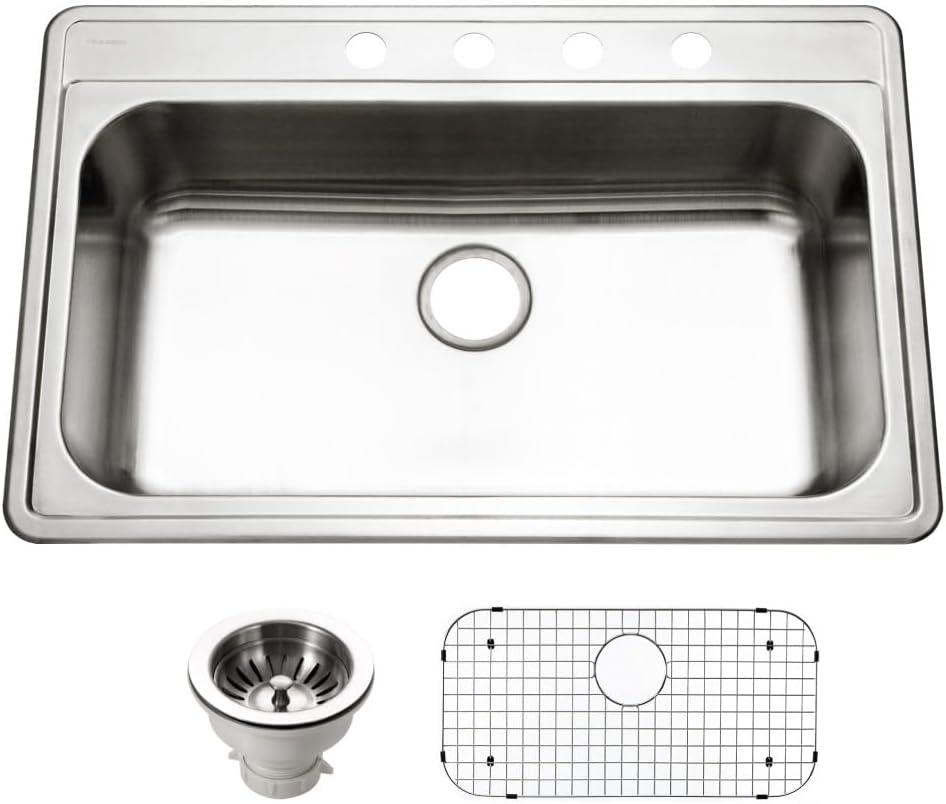 Houzer 33 in Stainless Topmount 4-hole Single Bowl Kitchen Sink w/ Strainer, Grid - PGS-3122-4-C