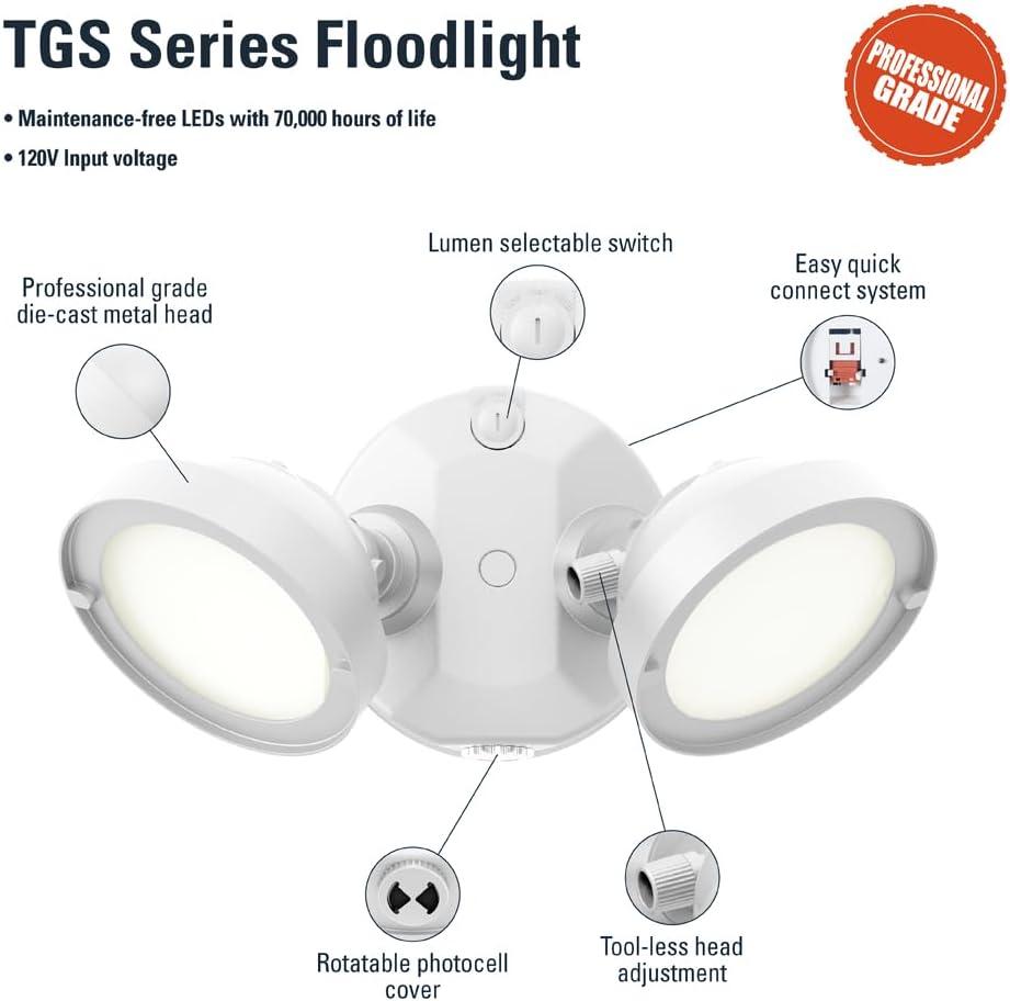 Halo TGS2S402DRRW Selectable 2500, 2000, 1500 Lumens LED Security Light with Dusk to Dawn Sensor, 2 Round Heads, White