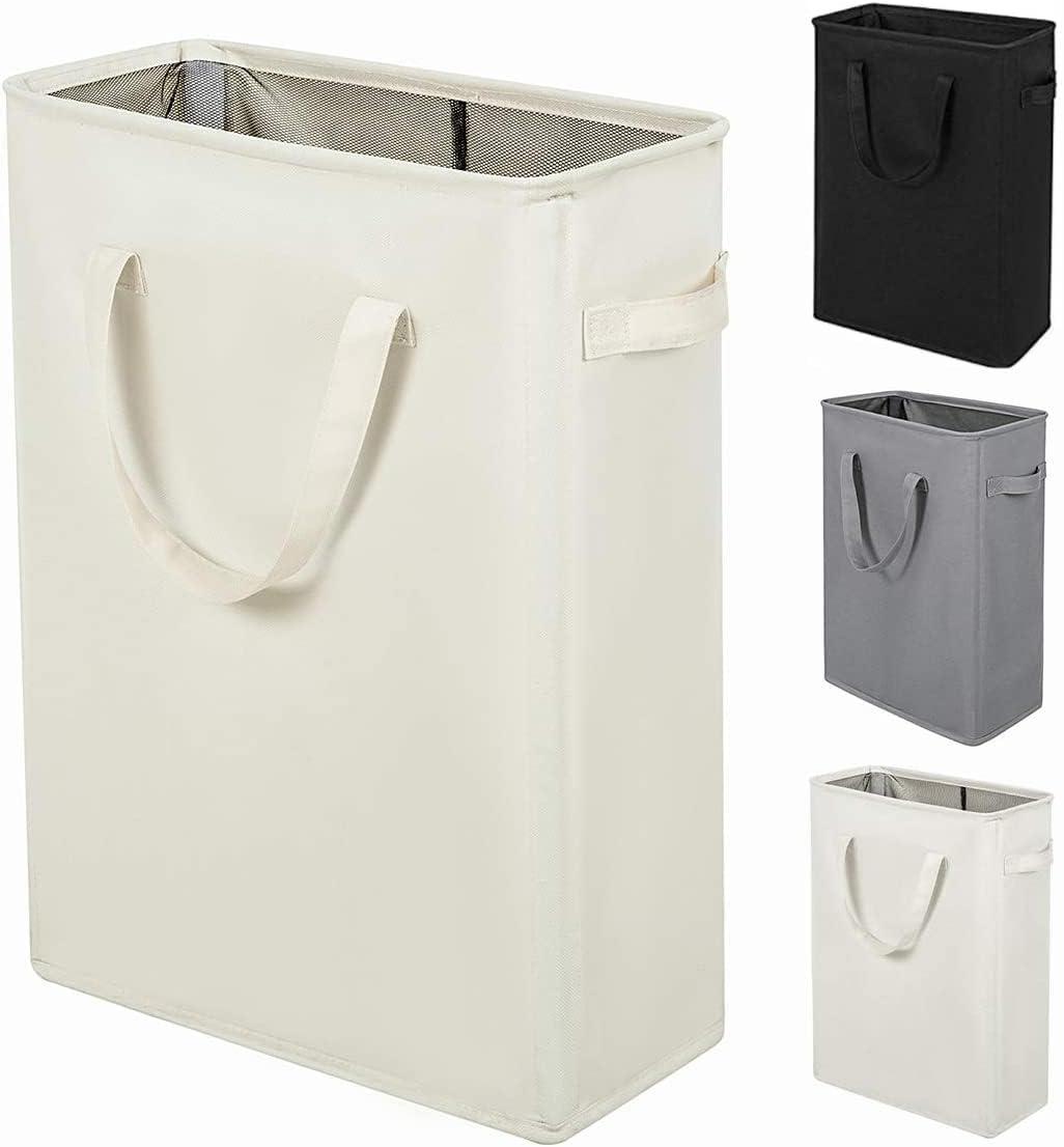 Beige Collapsible Upright Laundry Hamper with Wheels