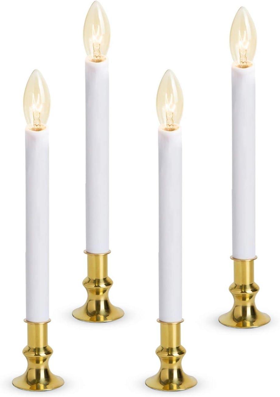 Electric Christmas Window Candle Lamp with Brass Plated Base, Dusk to Dawn | Auto Sensor | Turns Candle on in Dark and Off in Light, Ready to Use! | 4 Pack