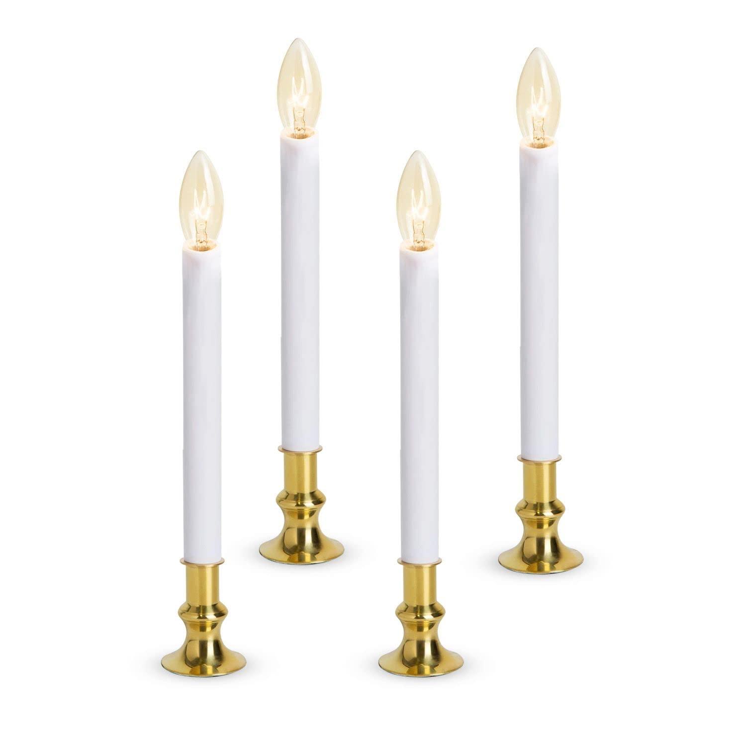 Electric Christmas Window Candle Lamp with Brass Plated Base, Dusk to Dawn | Auto Sensor | Turns Candle on in Dark and Off in Light, Ready to Use! | 4 Pack