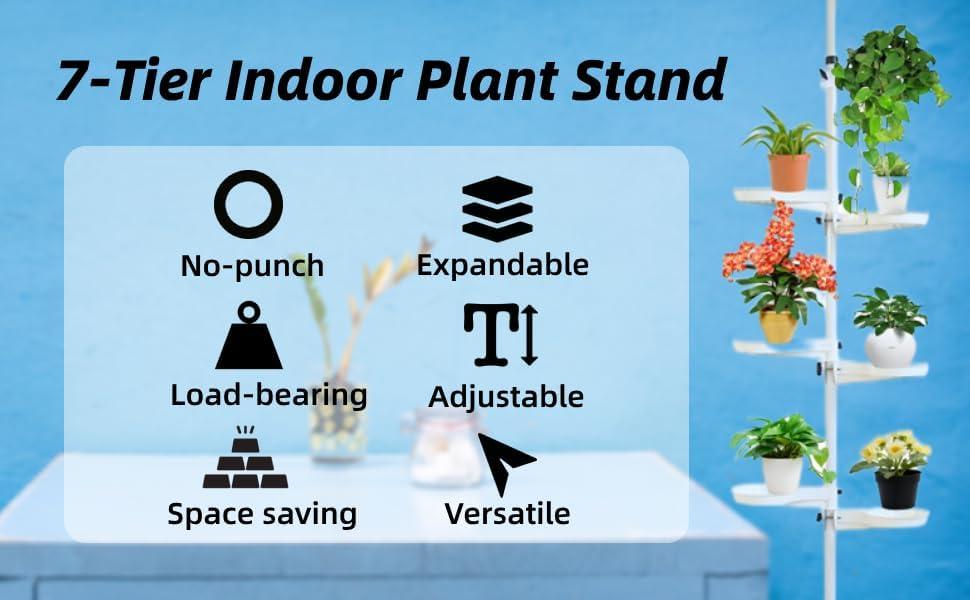 Adjustable Height 7 Layer Indoor Plant Stand, Spring Tension Pole Metal Free Stand Steel Tube Flower Display Rack, Space Saver Corner Floral Pot Hanger Shelf