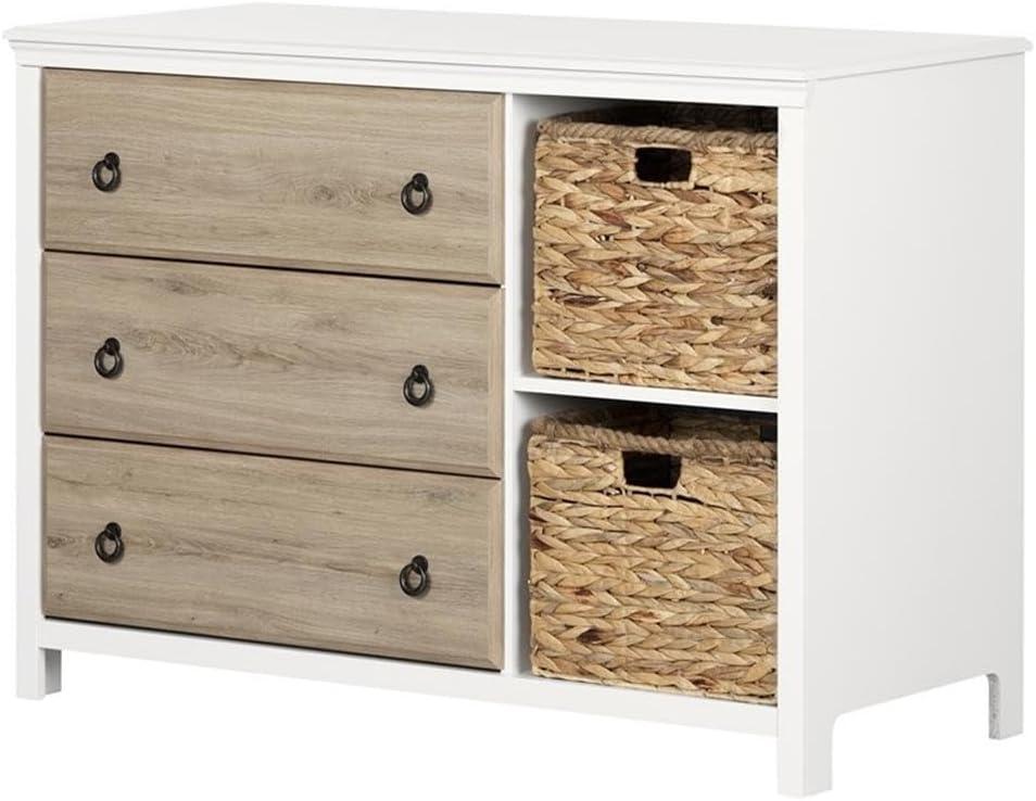 White and Rustic Oak 3-Drawer Dresser with Wicker Baskets