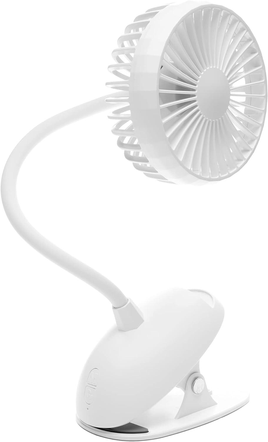 White Adjustable Battery-Powered Clip-On Desk Fan with 3 Speeds