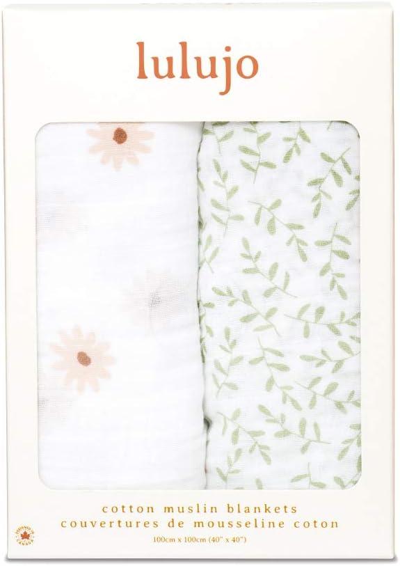 Lulujo Baby Swaddle Blankets | Unisex Softest Breathable Cotton Muslin Swaddle Blanket Set | Neutral Receiving Blanket for Girls & Boys | 40in x 40in | Daisies & Greenery | 2-Count