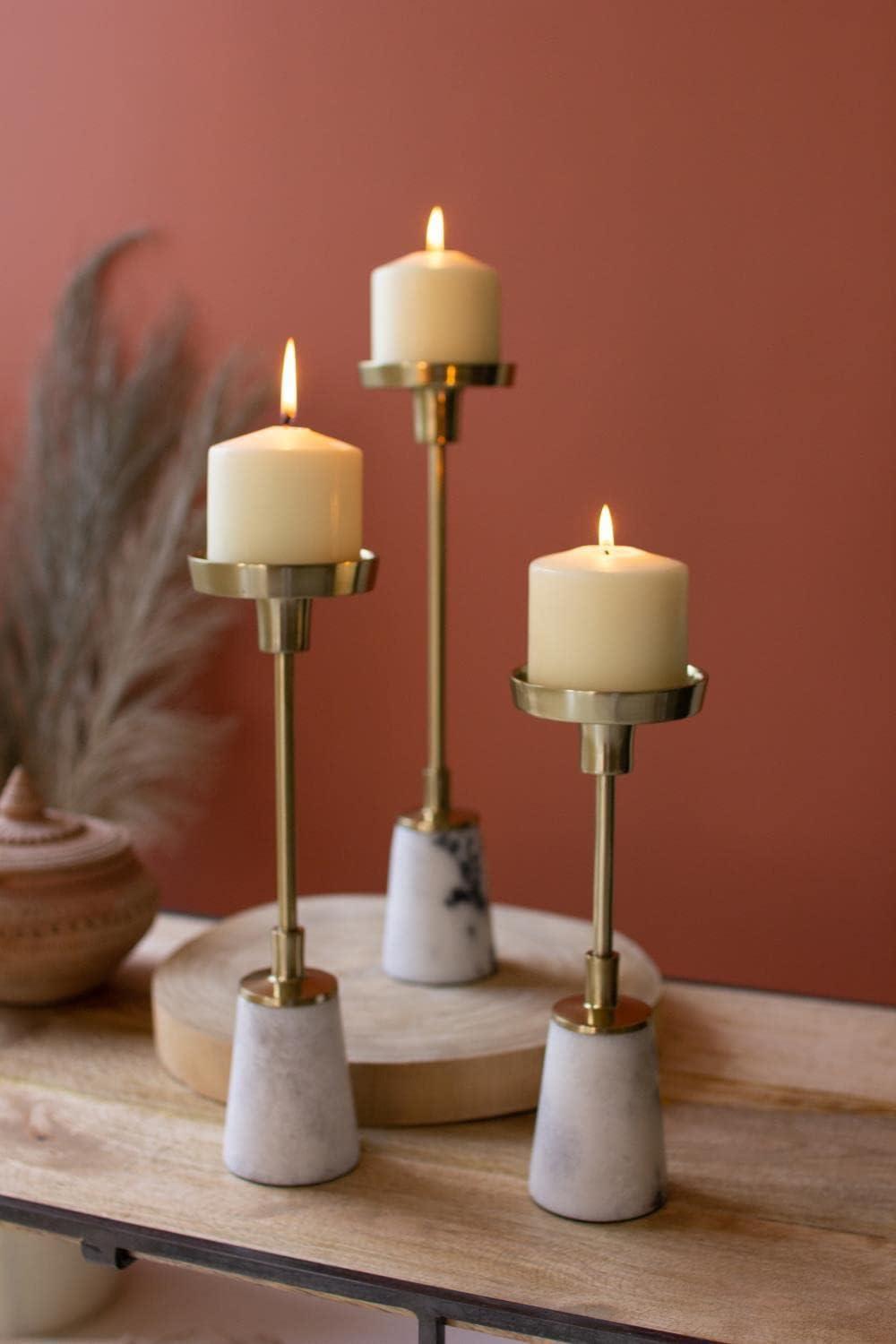 Gold Brass and Marble Pillar Candle Holders, Set of 3