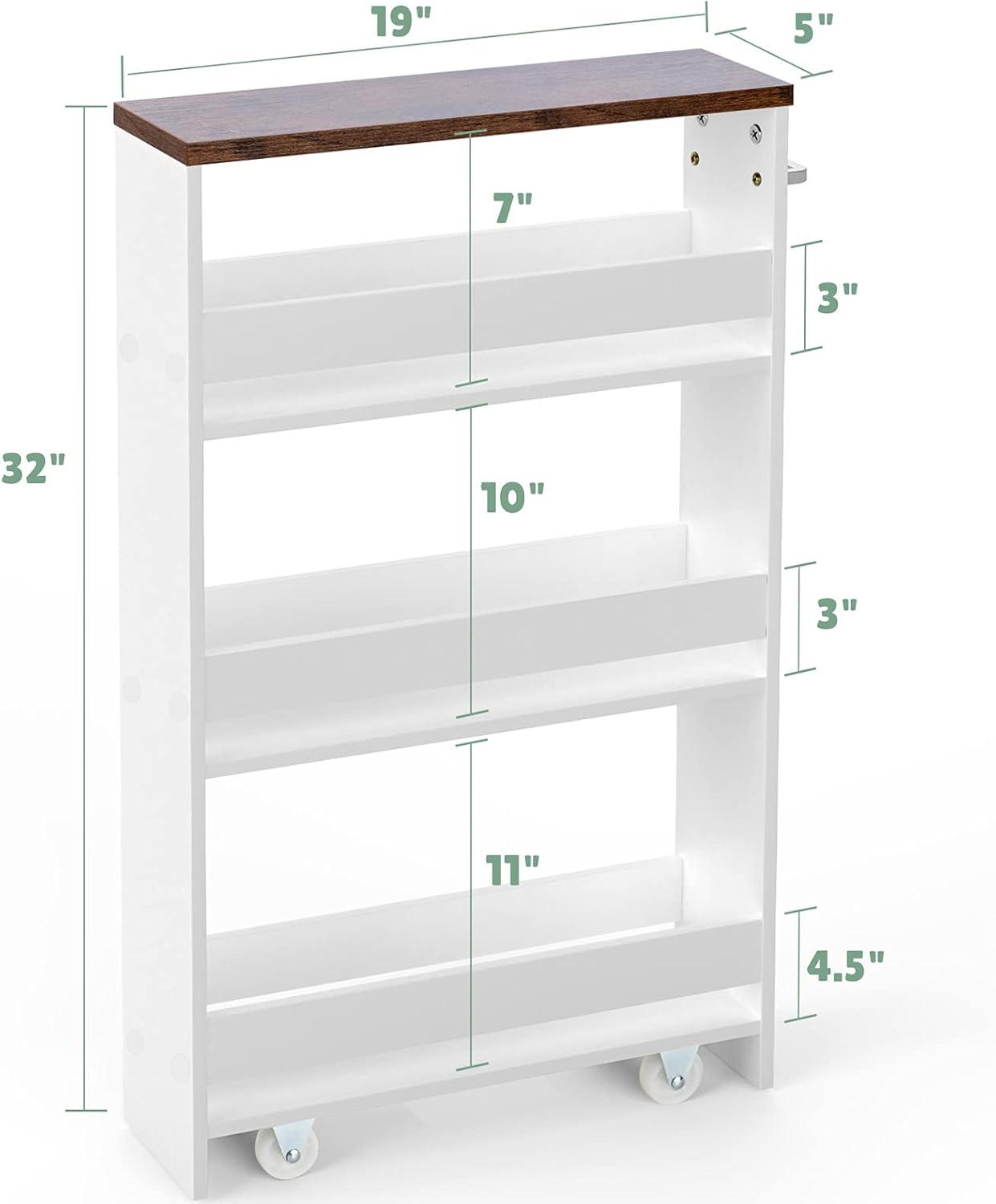 White and Brown Slim Rolling Storage Cart with 3 Shelves