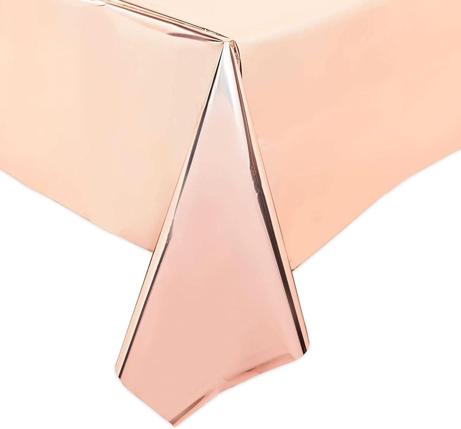 Sparkle and Bash 3 Pack Rose Gold Plastic Tablecloth, Metallic Table Cover Disposable for Pink Birthday Parties, Bridal Shower Decor, 54 x 108 In