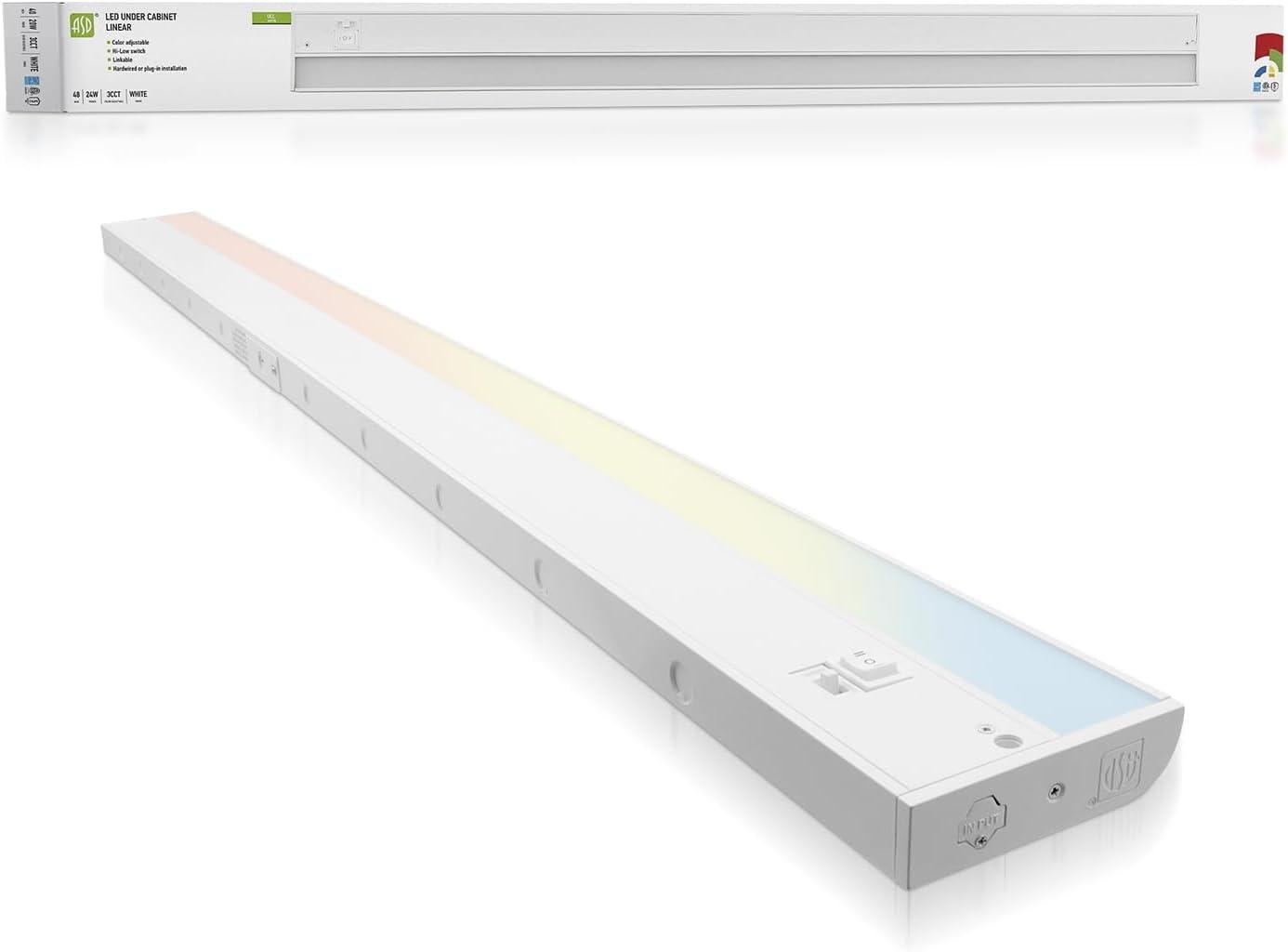 ASD LED Under Cabinet Lighting 48 Inch, Dimmable, Hardwired or Plug-in Installation, 3 Color Levels- 2700K/3000K/4000K, Linkable Kitchen Under Counter Lighting, ETL & Energy Star, White Finish