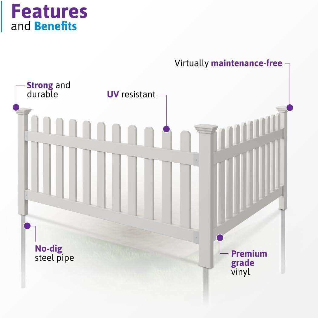 WamBam No-Dig Fence 3ft H x 6ft W (1 Panel + 1 Post) No Dig WamBam Newport Fence Kit, White Vinyl Picket Fence, Easy Install Outdoor Fence for Backyard or Patio, DIY Decorative Fencing, ZP19002