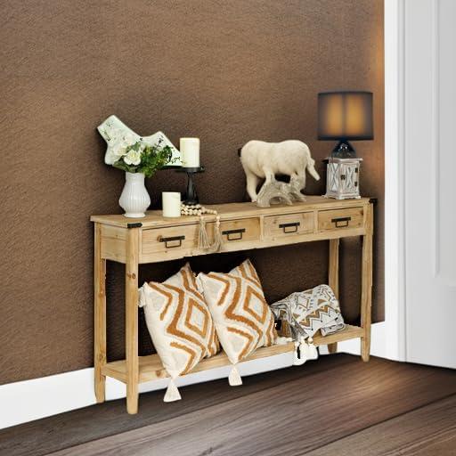 Natural Rustic Wood Console Table with Drawers and Shelves