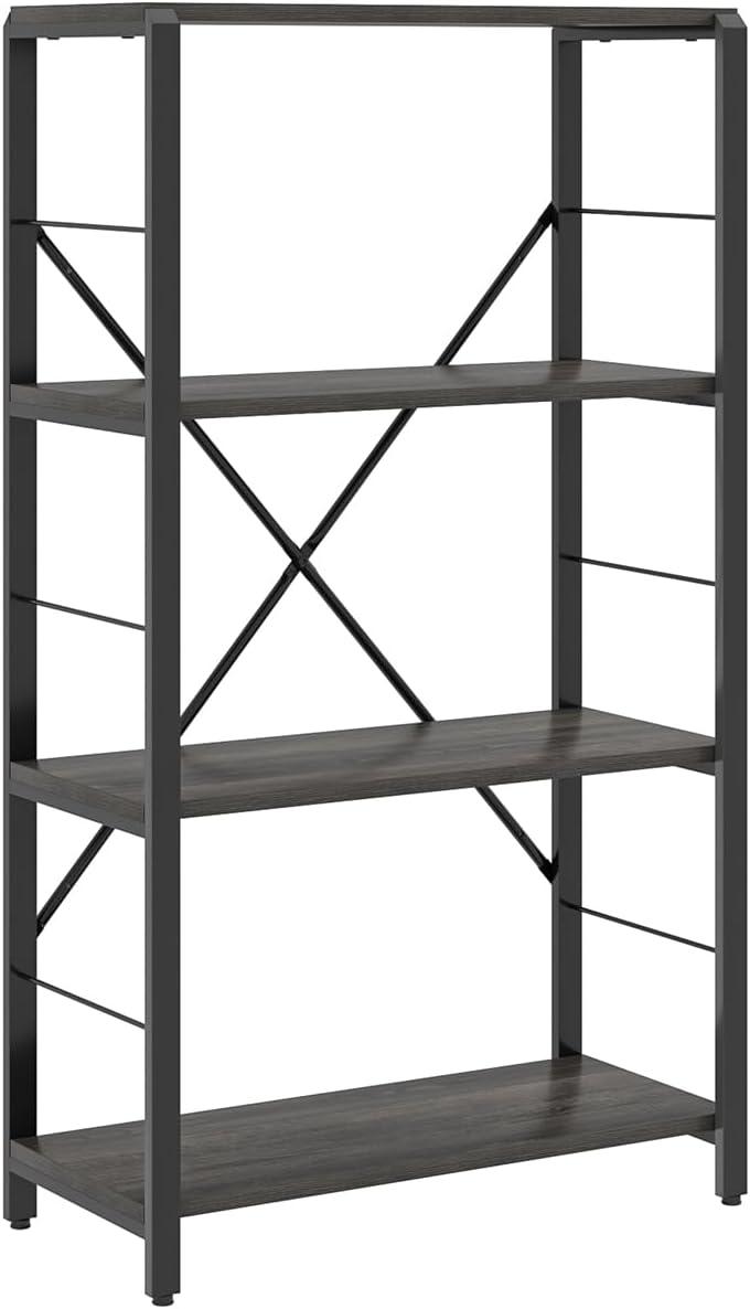 FOLUBAN Industrial Bookshelf and Bookcase, 4 Tier Open Display Storage Book Shelf and Book Case, Rustic Wood and Metal Shelving Unit for Bedroom Living Room Office, Dark Gray