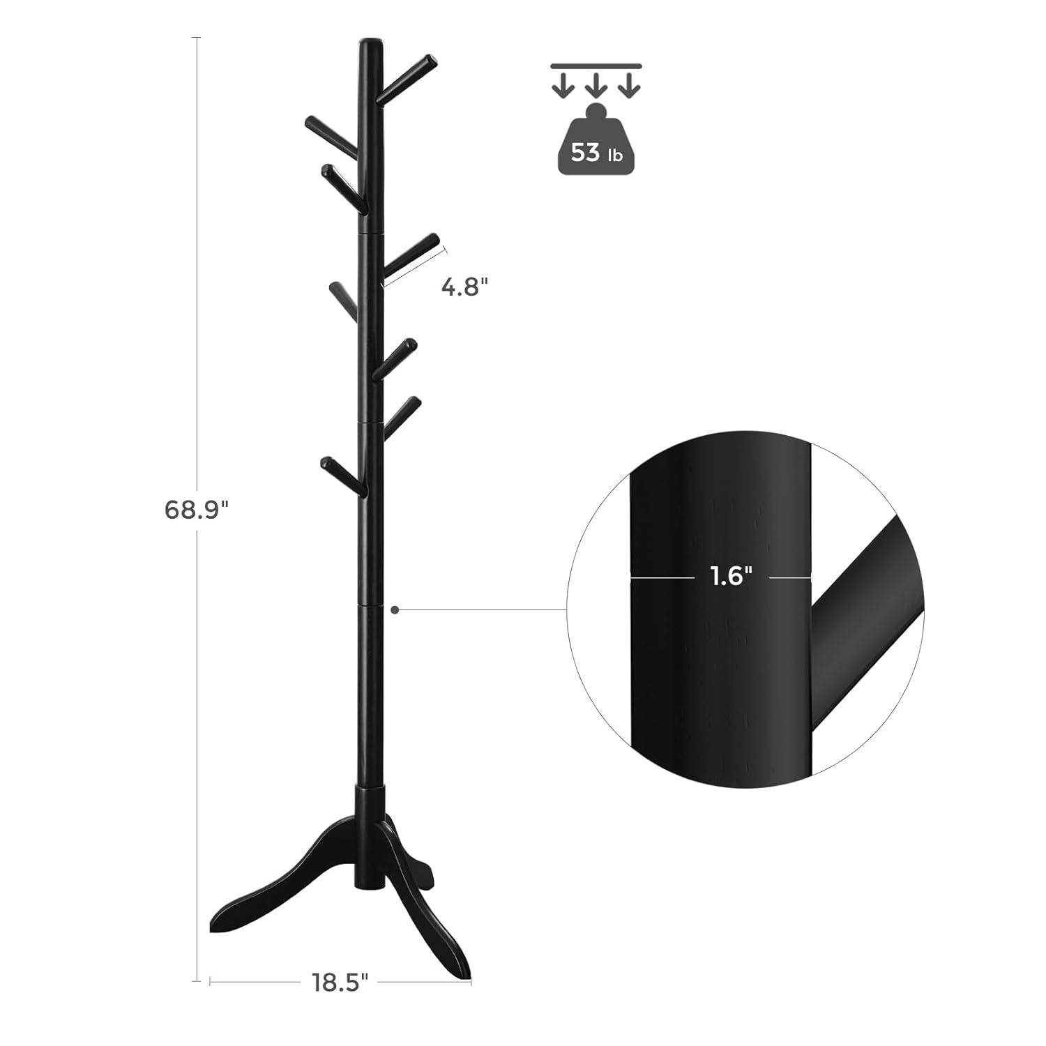 Coat Rack Free Standing, Coat Stand, Hall Coat Tree with 8 Hooks, Black