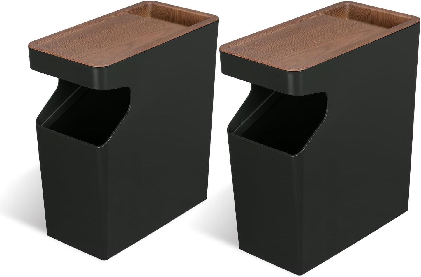 1.7 Gallon Trash Can Combo, Slim Rectangular Open Top with Wood Grain Cover, Serene Green