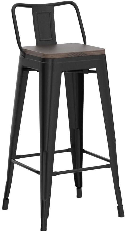 Killeryuki 24'' Metal Bar Stool 4PCS Low Back Conuter Stools for Indoor/Outdoor Barstools Metal Black Stools Bar Chairs w/Wooden Seat Metal Leg Industrial Counter Height Stools Black