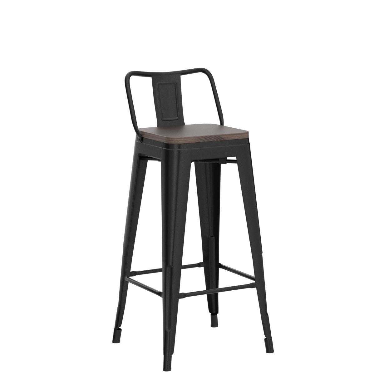 Killeryuki 24'' Metal Bar Stool 4PCS Low Back Conuter Stools for Indoor/Outdoor Barstools Metal Black Stools Bar Chairs w/Wooden Seat Metal Leg Industrial Counter Height Stools Black