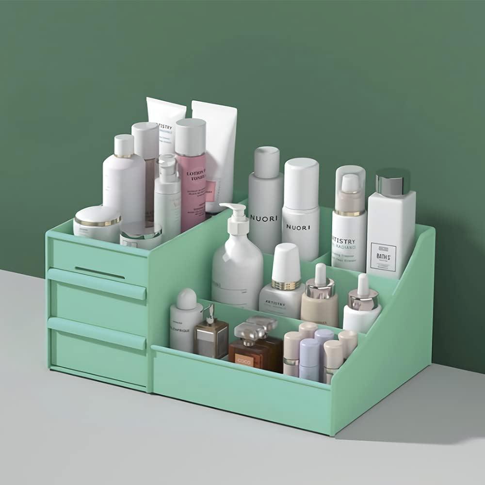 Compact White Plastic Makeup Desk Organizer with Drawers