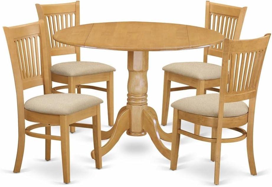 East West Furniture DLVA5-OAK-C Dublin 5PC Set - Round Table with two 9 in. Drop Leaves and 4 Vertical slat back microfiber seat chairs
