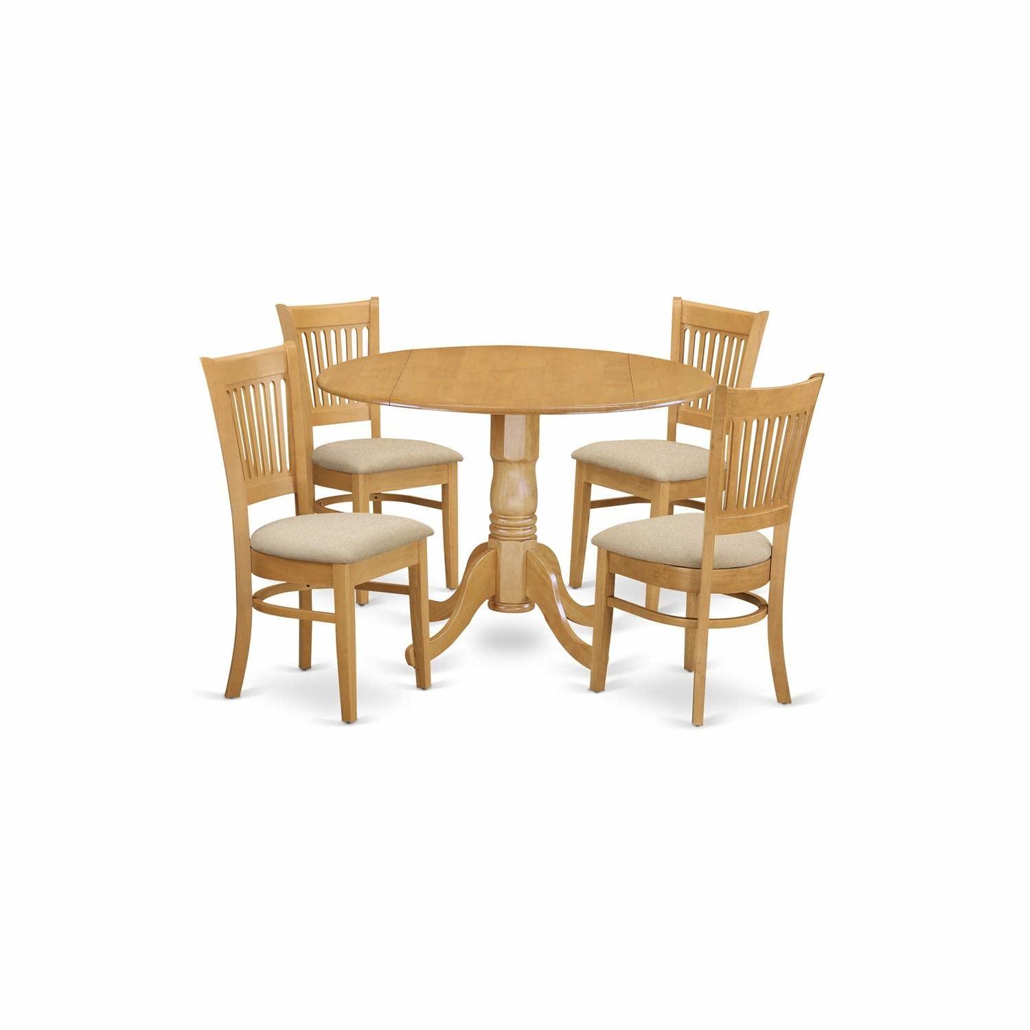 East West Furniture DLVA5-OAK-C Dublin 5PC Set - Round Table with two 9 in. Drop Leaves and 4 Vertical slat back microfiber seat chairs