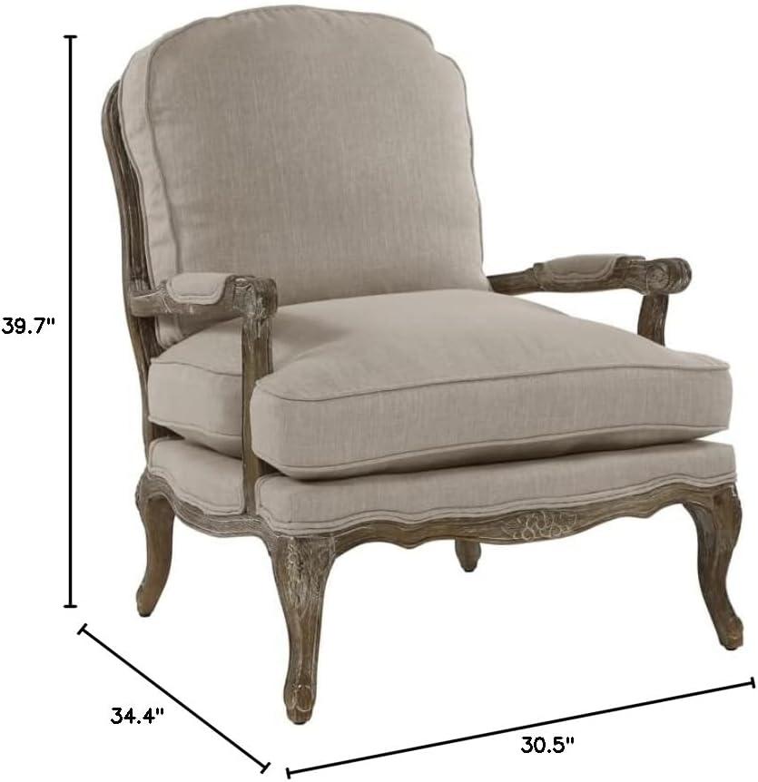 Natural Linen and Wood Accent Chair with Carved Details