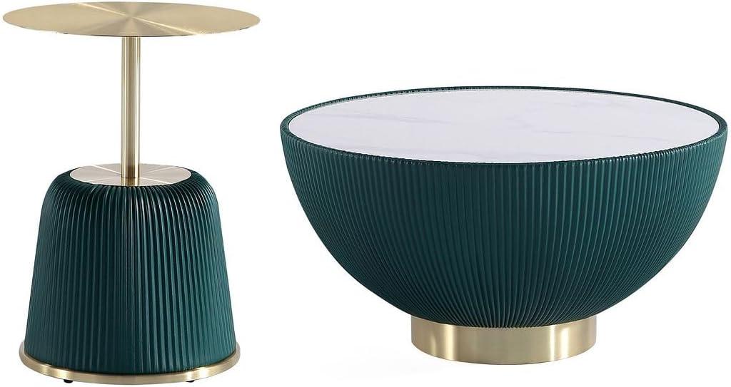 Manhattan Comfort 2pc Anderson Leatherette Upholstered Coffee Table and End Table with Metal Top Set Green: Gold Finish, No Assembly Required